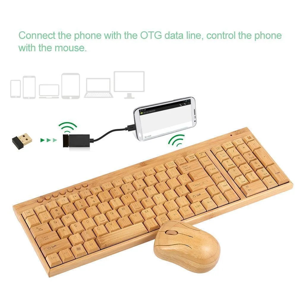 Bamboo wireless keyboard and mouse set with natural wooden finish on a desk