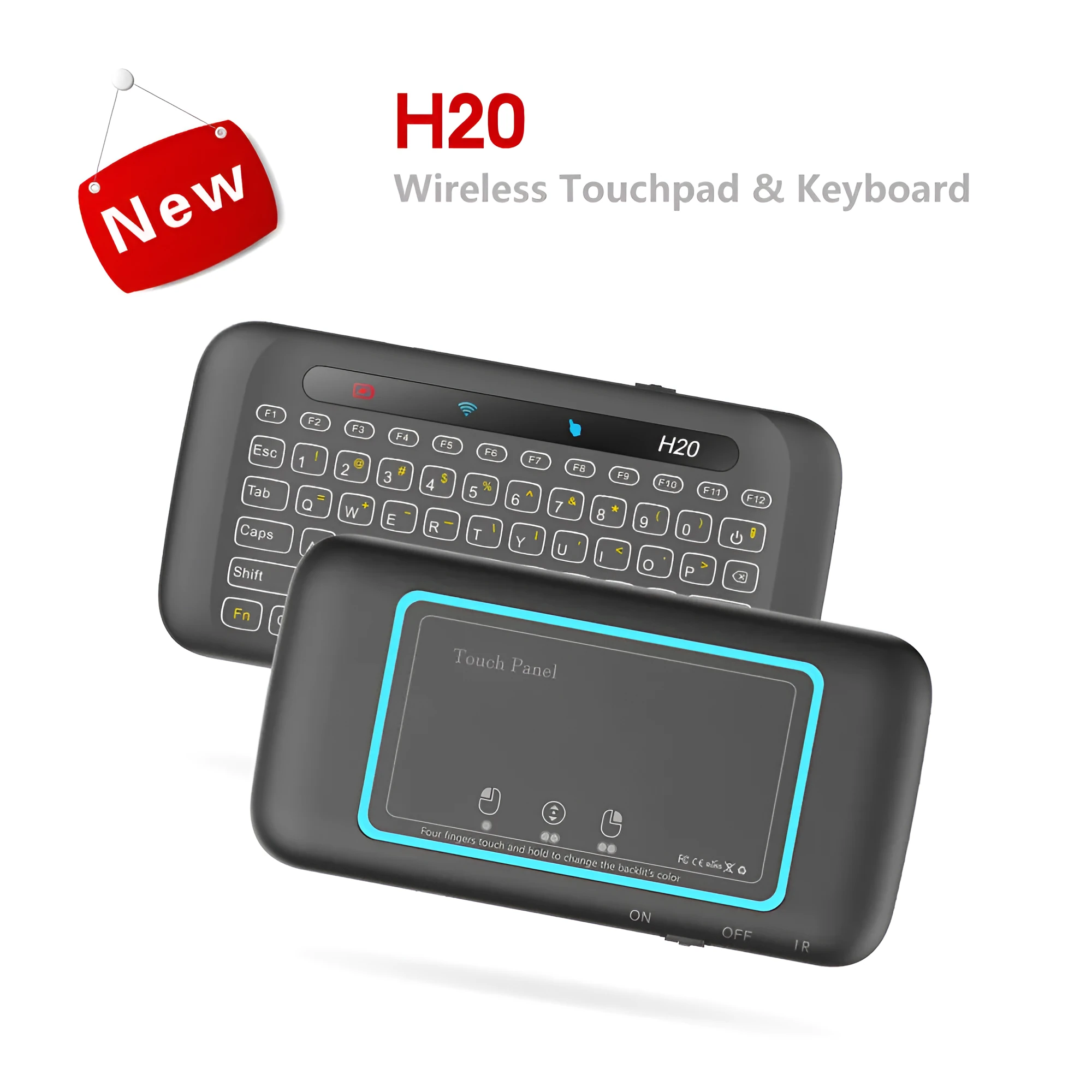 H20 mini wireless keyboard in black with backlit keys and touchpad