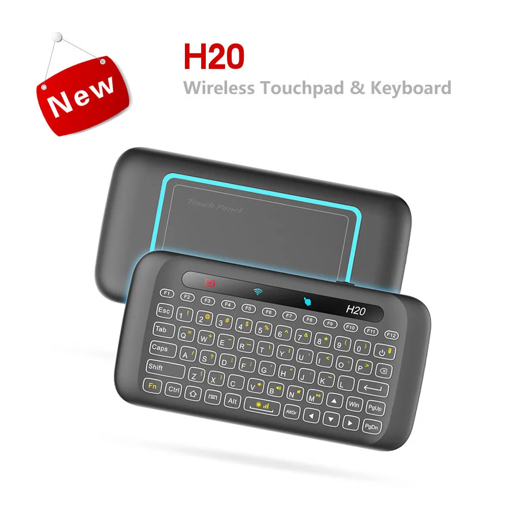 H20 mini wireless keyboard in black with backlit keys and touchpad