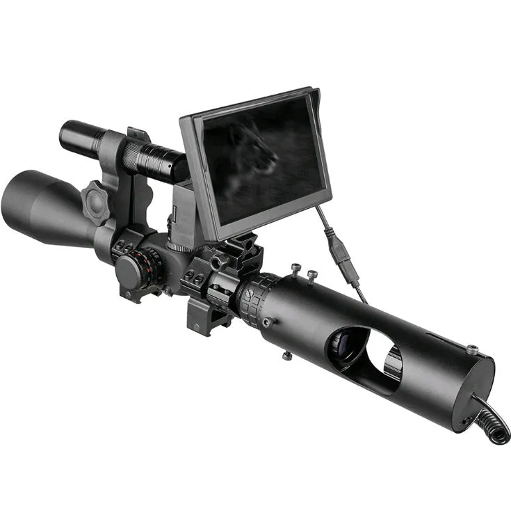 Black digital night vision goggles with 5-inch LCD screen and separate infrared transmitter