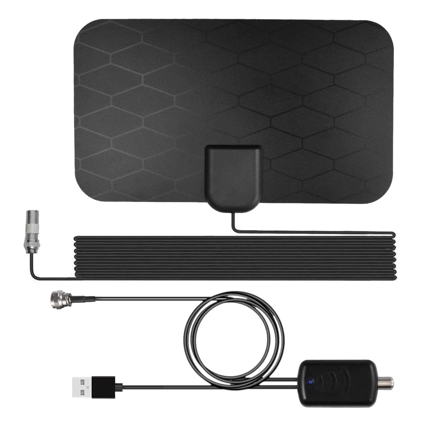 Black HD indoor digital TV antenna with amplifier and 10-foot coaxial cable for 4K free broadcast reception