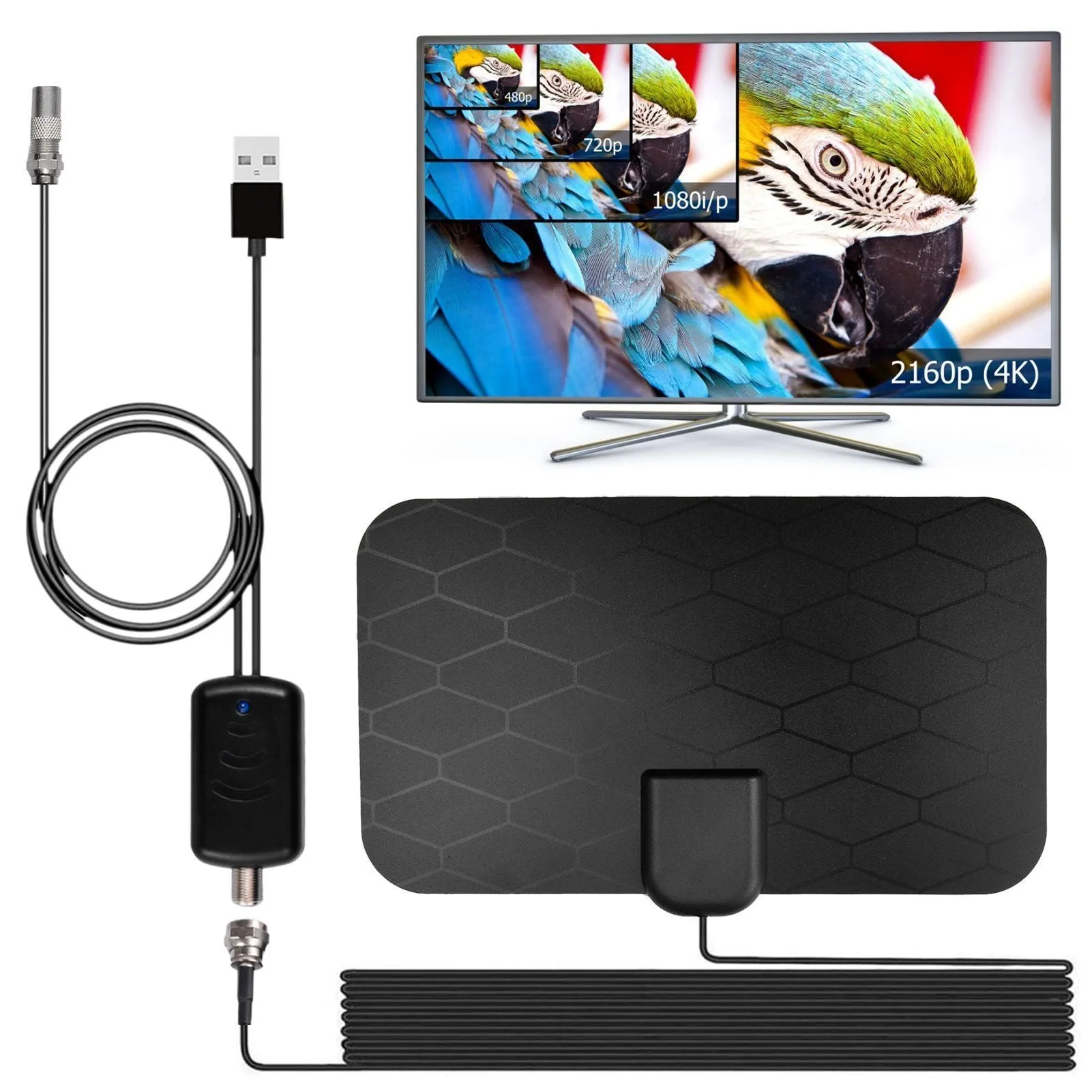 Black HD indoor digital TV antenna with amplifier and 10-foot coaxial cable for 4K free broadcast reception