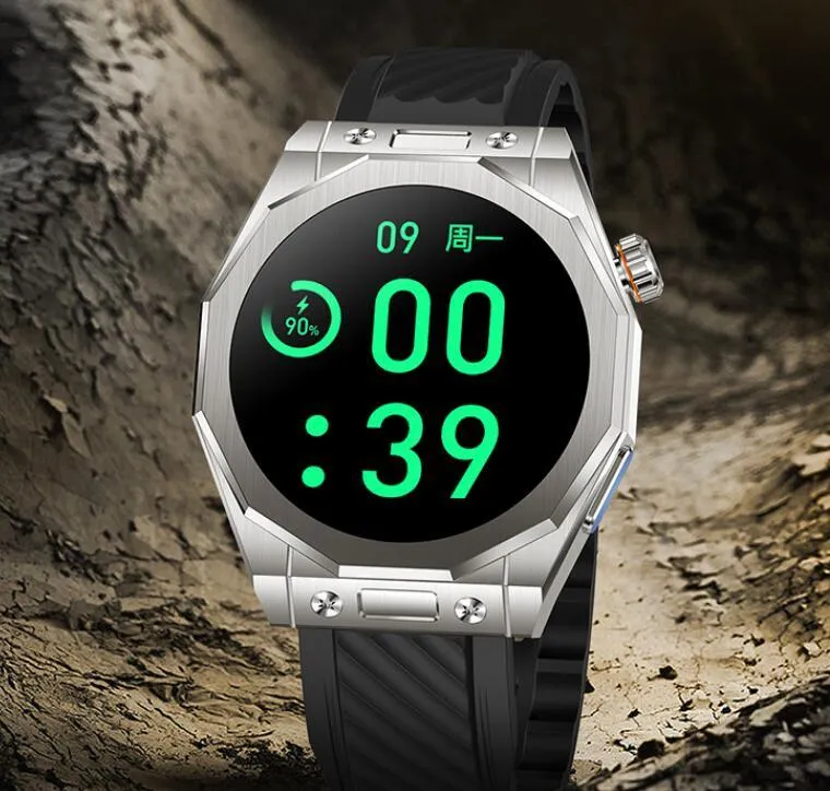 Smart watch with TFT screen and touch buttons on wrist in orange red colour