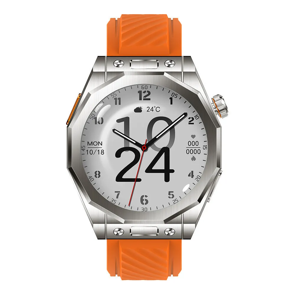 Smart watch with TFT screen and touch buttons on wrist in orange red colour