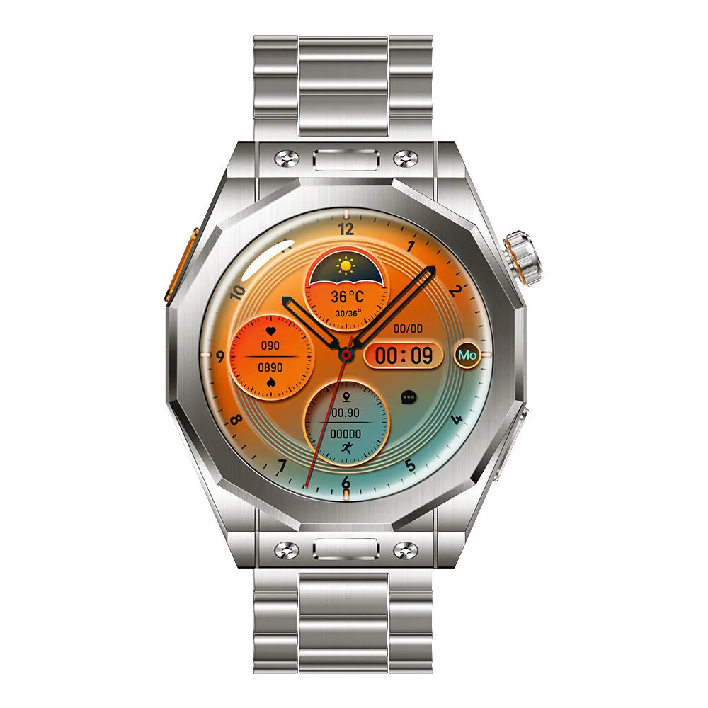 Smart watch with TFT screen and touch buttons on wrist in orange red colour