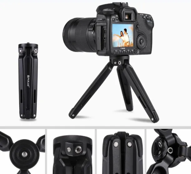 Metal mini tripod with non-slip rubber feet, 15cm max height, black, on uneven outdoor surface