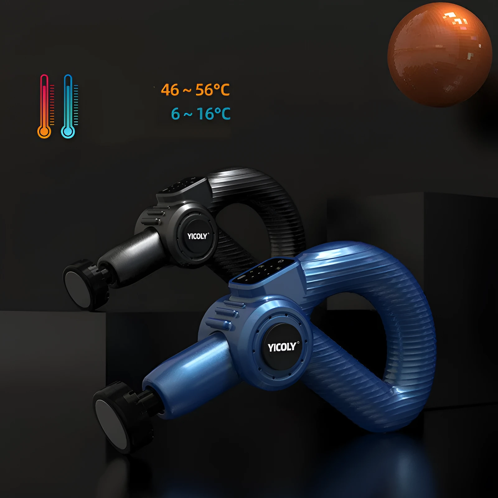 Black smart muscle massage gun with five different massage head attachments on a grey background.