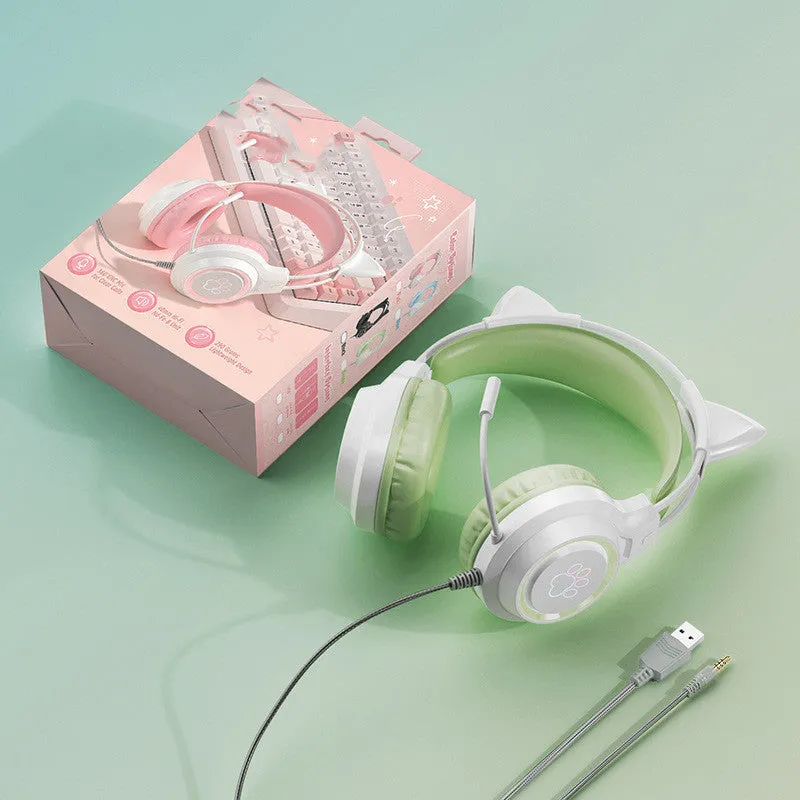 Esports cat ear gaming headset with protein cotton earmuffs and woven cable in pink colour