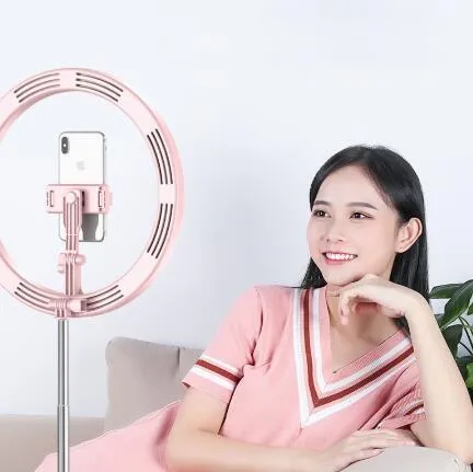 Portable 290mm LED selfie ring light in black on table, showing centre phone holder and adjustable brightness button