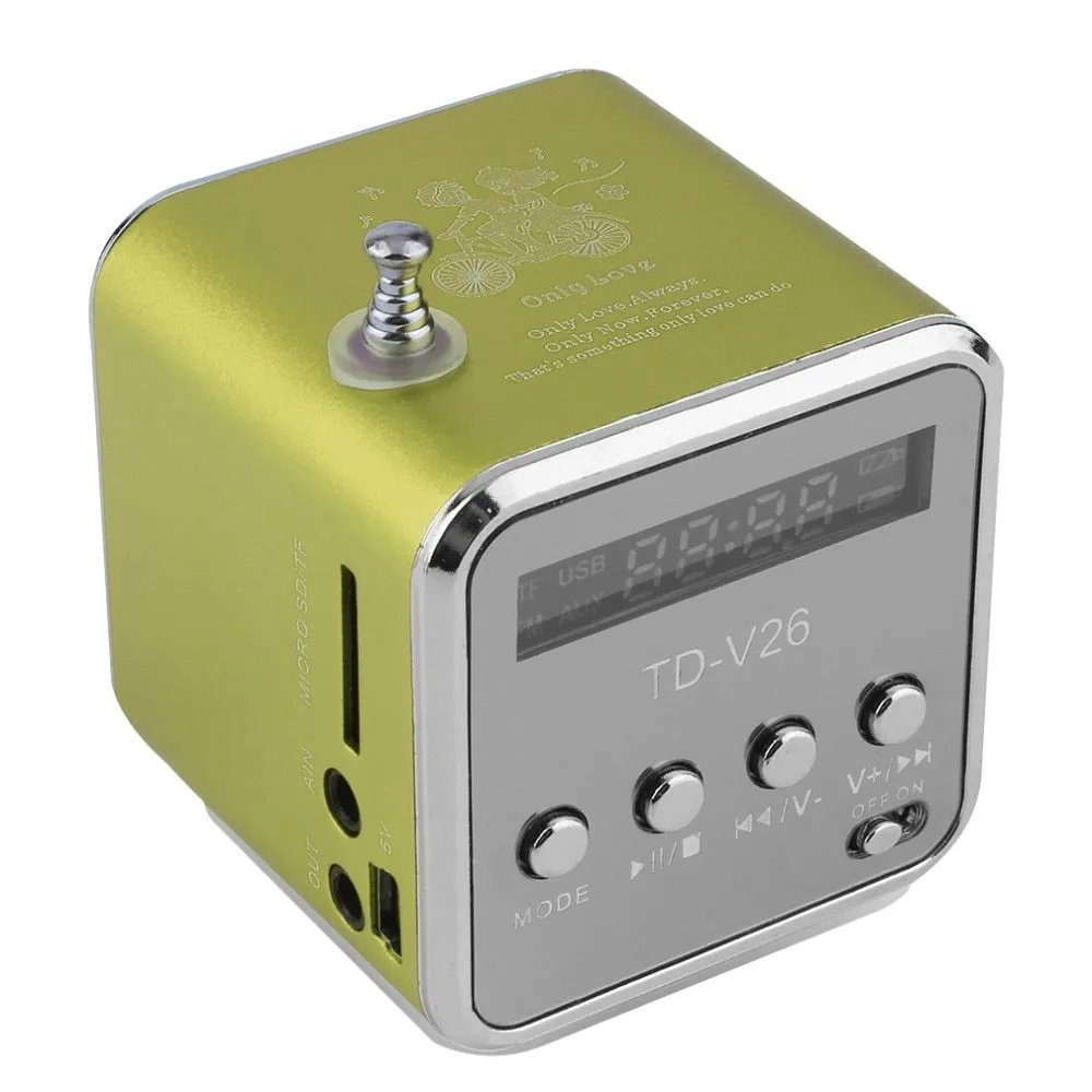TD-V26 portable mini FM radio speaker MP3 player with LCD display and aluminium alloy body in silver
