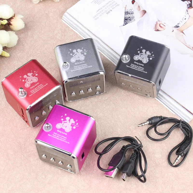 TD-V26 portable mini FM radio speaker MP3 player with LCD display and aluminium alloy body in silver