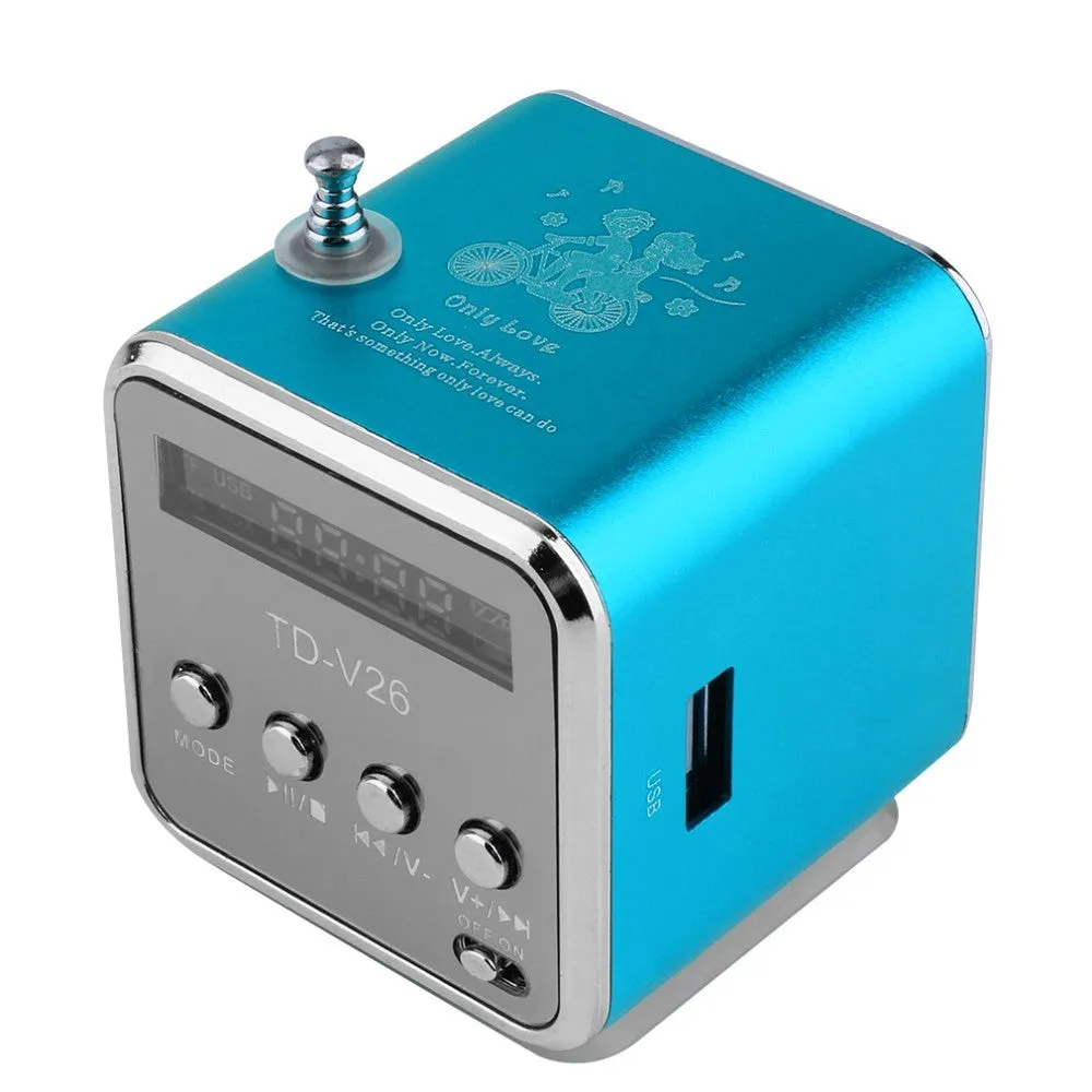 TD-V26 portable mini FM radio speaker MP3 player with LCD display and aluminium alloy body in silver