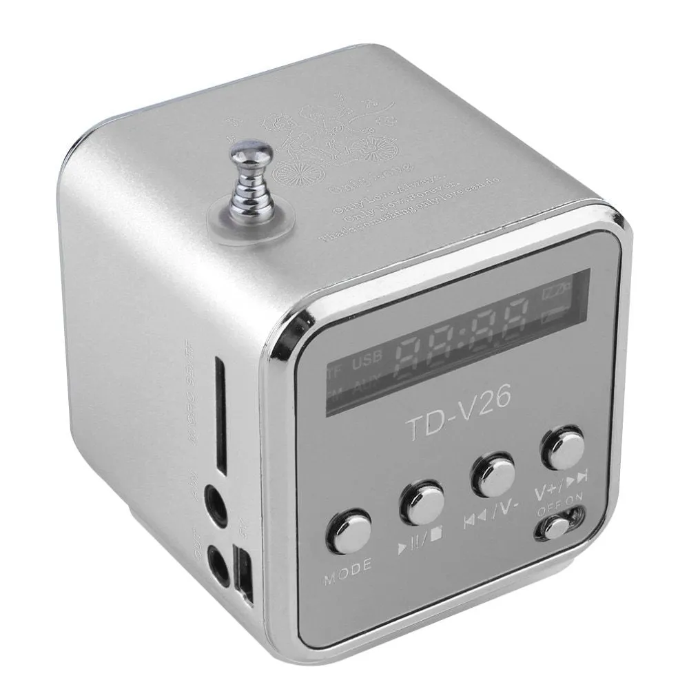 TD-V26 portable mini FM radio speaker MP3 player with LCD display and aluminium alloy body in silver