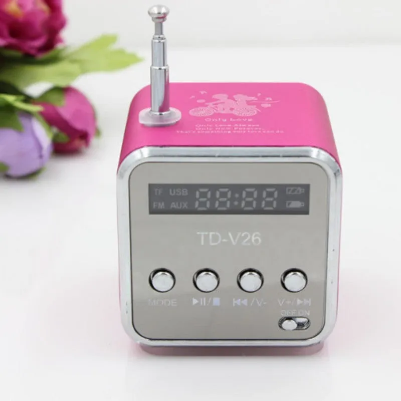 TD-V26 portable mini FM radio speaker MP3 player with LCD display and aluminium alloy body in silver