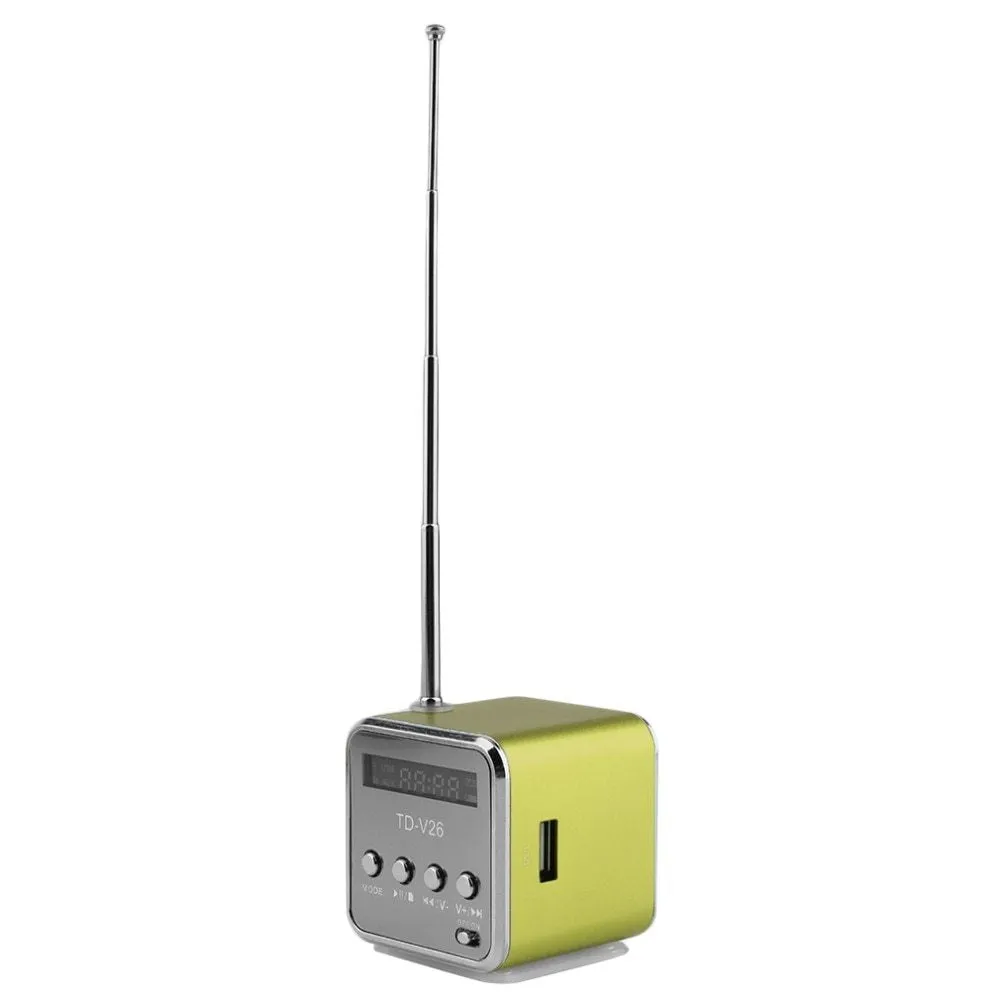 TD-V26 portable mini FM radio speaker MP3 player with LCD display and aluminium alloy body in silver