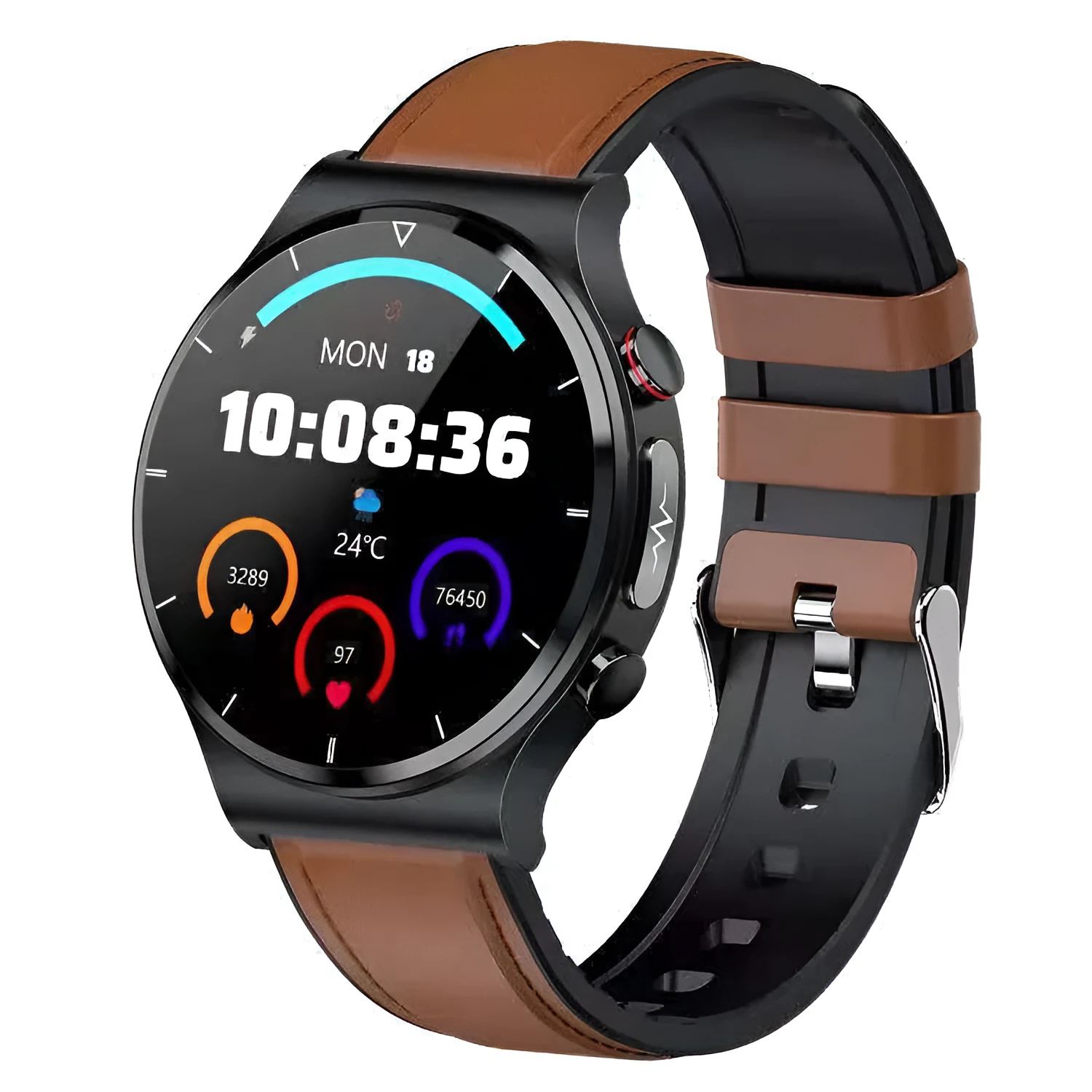 Smart watch with wireless charging and ECG monitoring, 1.32-inch screen, metal alloy case, black leather strap