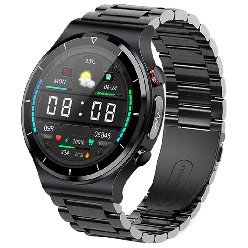 Smart watch with wireless charging and ECG monitoring, 1.32-inch screen, metal alloy case, black leather strap