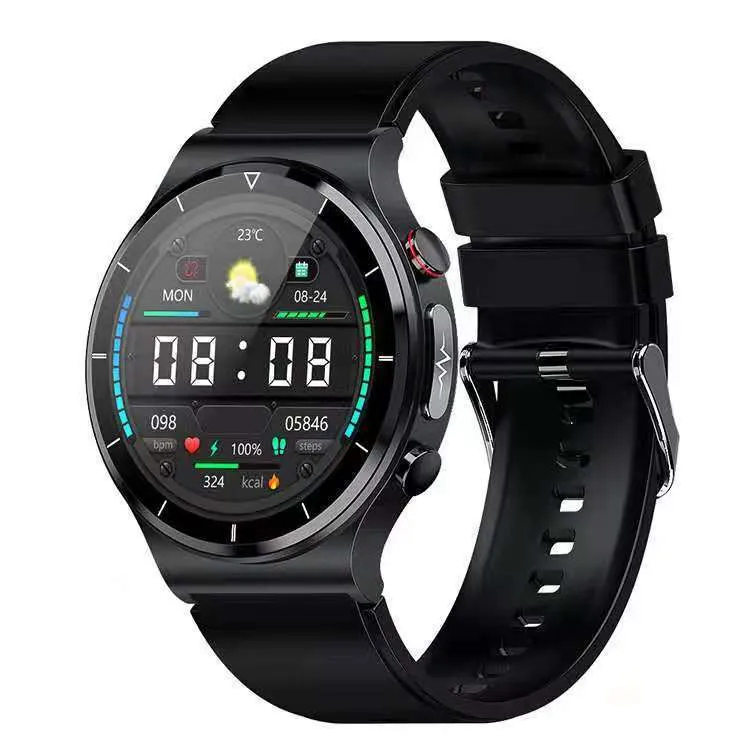 Smart watch with wireless charging and ECG monitoring, 1.32-inch screen, metal alloy case, black leather strap