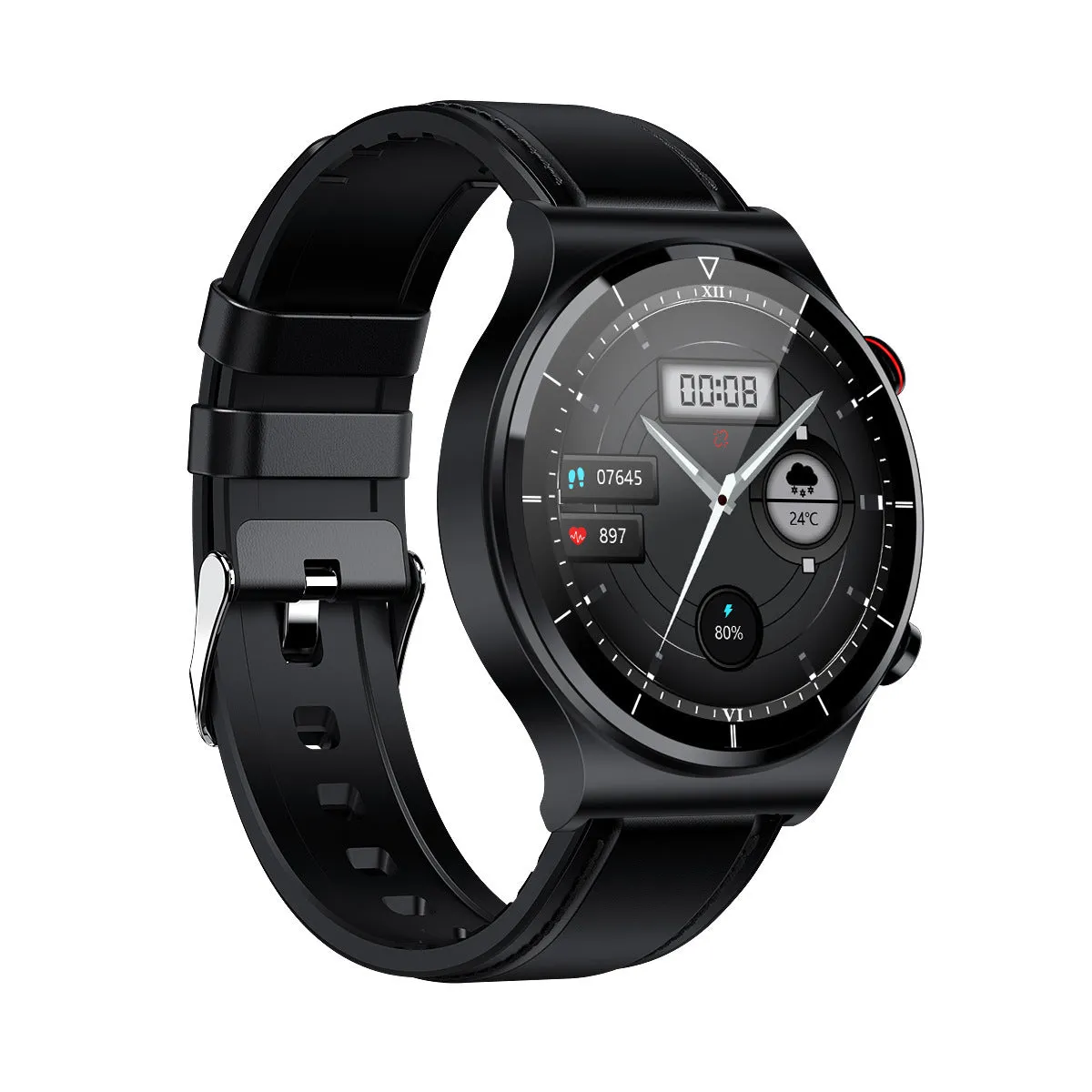Smart watch with wireless charging and ECG monitoring, 1.32-inch screen, metal alloy case, black leather strap