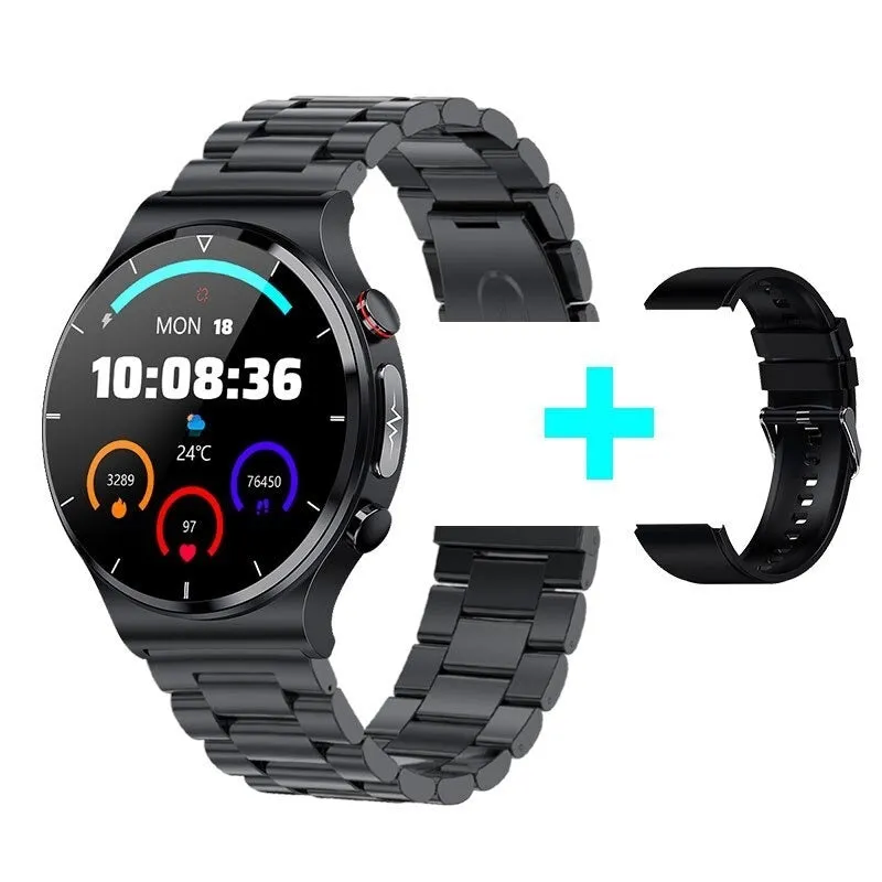 Smart watch with wireless charging and ECG monitoring, 1.32-inch screen, metal alloy case, black leather strap