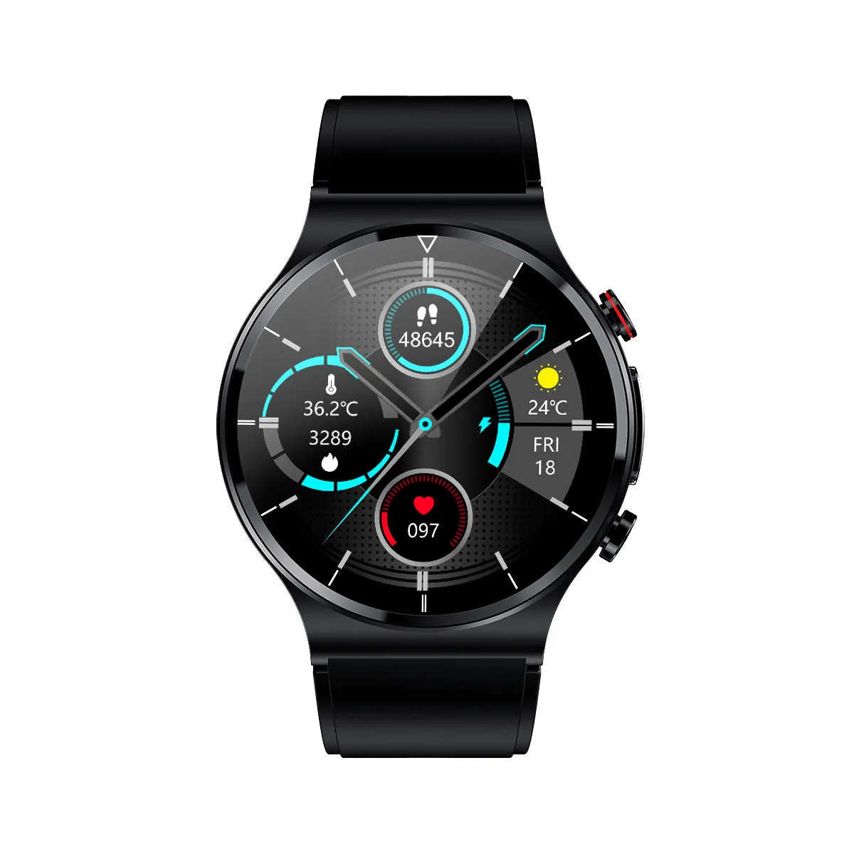 Smart watch with wireless charging and ECG monitoring, 1.32-inch screen, metal alloy case, black leather strap