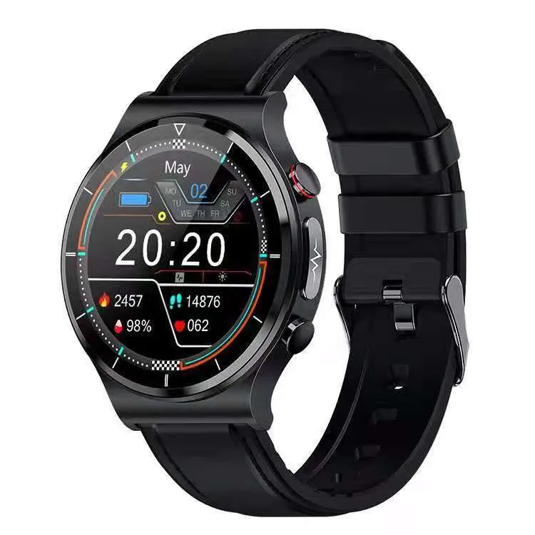 Smart watch with wireless charging and ECG monitoring, 1.32-inch screen, metal alloy case, black leather strap