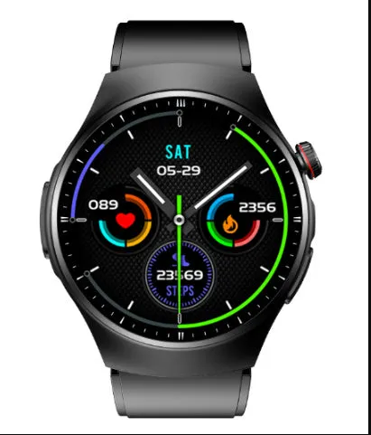 Smart watch with wireless charging and ECG monitoring, 1.32-inch screen, metal alloy case, black leather strap