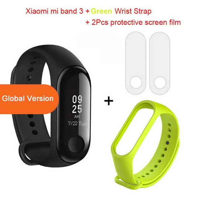 Xiaomi Mi Band 3 fitness tracker with 0.78 inch OLED display and black silicone strap set on a white background