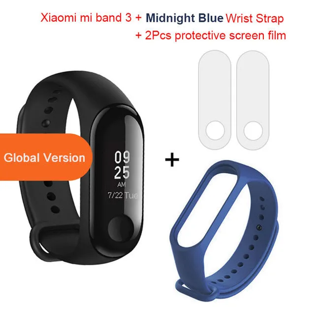 Xiaomi Mi Band 3 fitness tracker with 0.78 inch OLED display and black silicone strap set on a white background