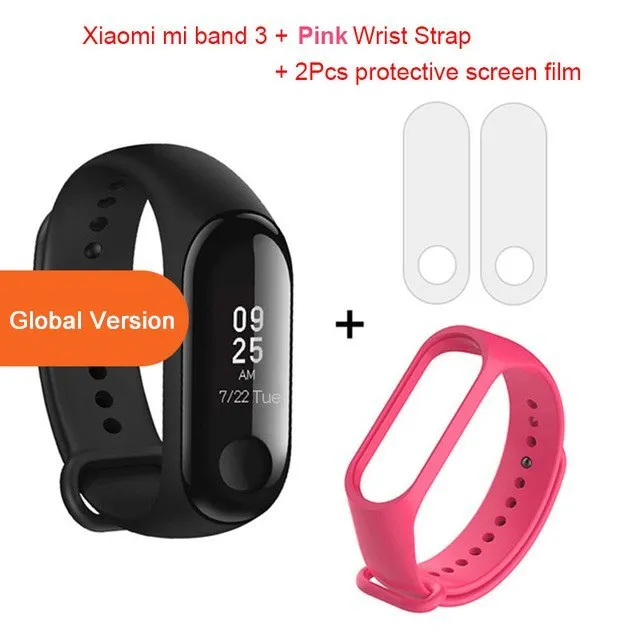 Xiaomi Mi Band 3 fitness tracker with 0.78 inch OLED display and black silicone strap set on a white background