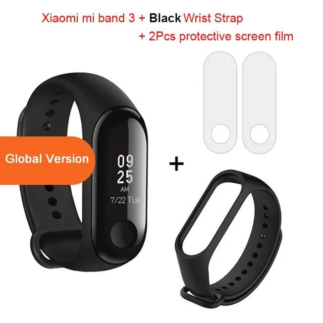 Xiaomi Mi Band 3 fitness tracker with 0.78 inch OLED display and black silicone strap set on a white background