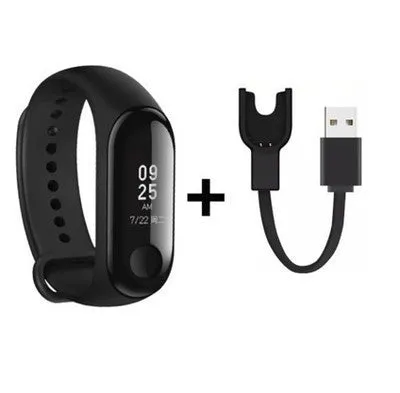 Xiaomi Mi Band 3 fitness tracker with 0.78 inch OLED display and black silicone strap set on a white background