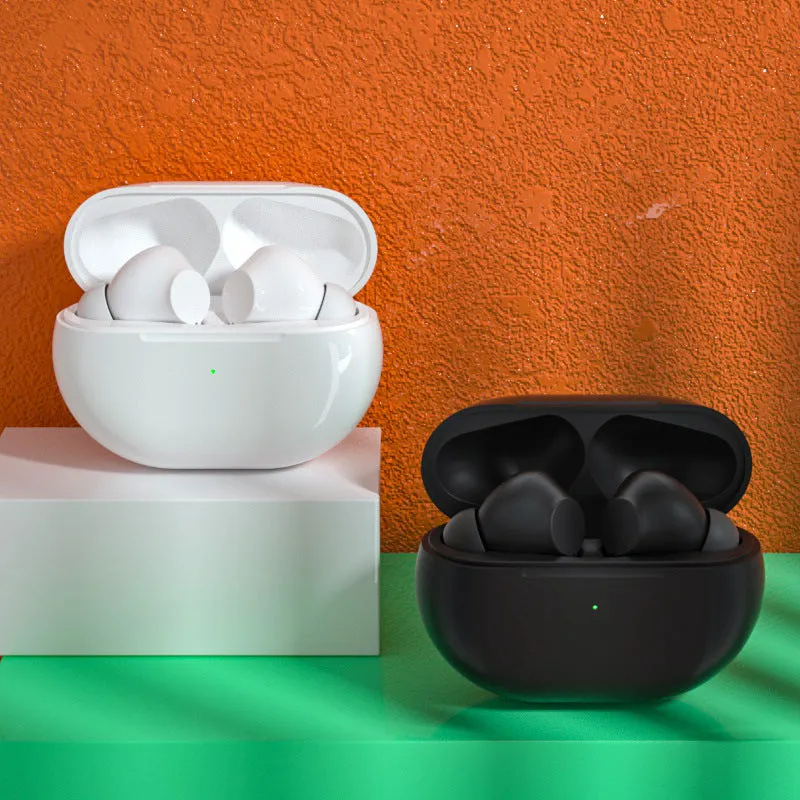 Pro4 black and white Bluetooth earbuds inside their rectangular charging case.