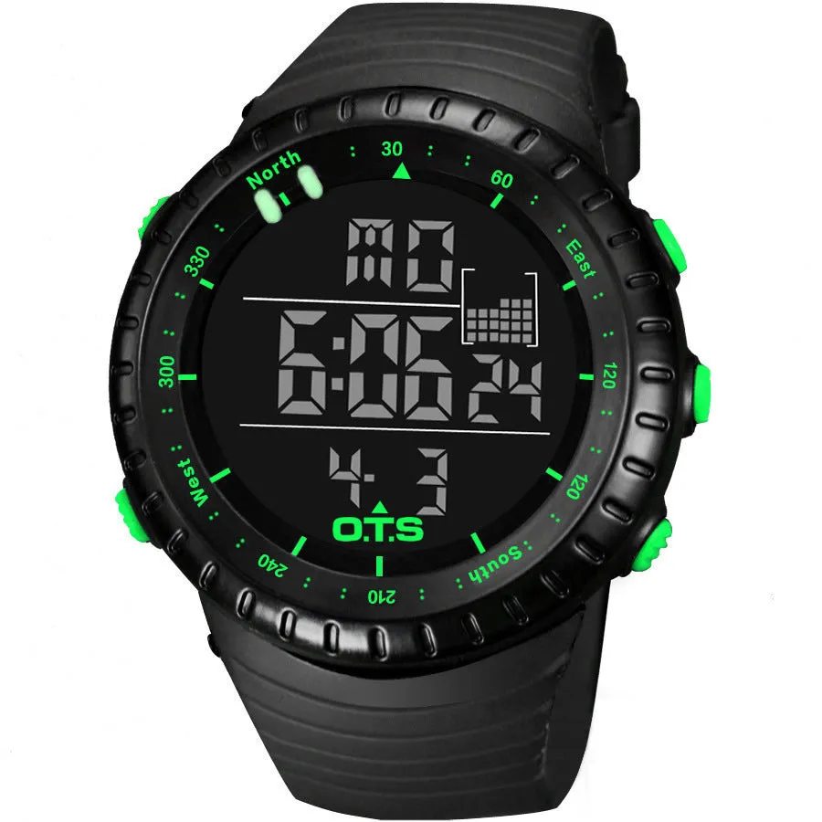 Round sports electronic watch with 50mm dial, rubber strap, and digital display, available in multiple colours