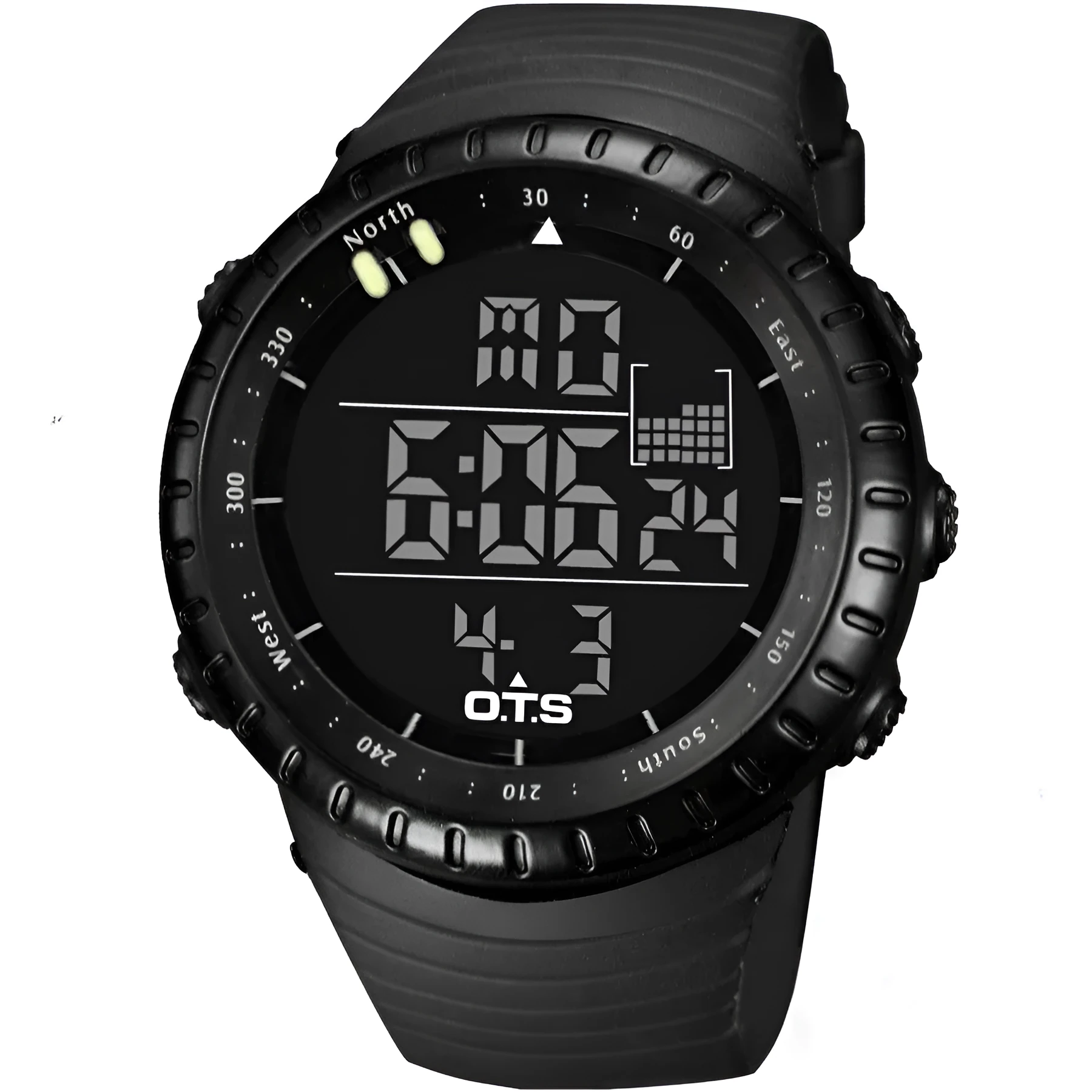 Round sports electronic watch with 50mm dial, rubber strap, and digital display, available in multiple colours