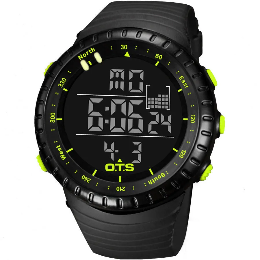 Round sports electronic watch with 50mm dial, rubber strap, and digital display, available in multiple colours