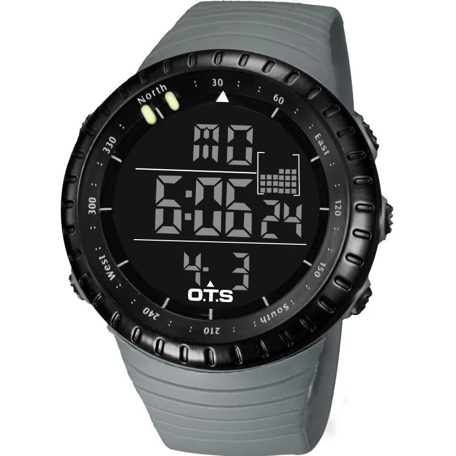 Round sports electronic watch with 50mm dial, rubber strap, and digital display, available in multiple colours