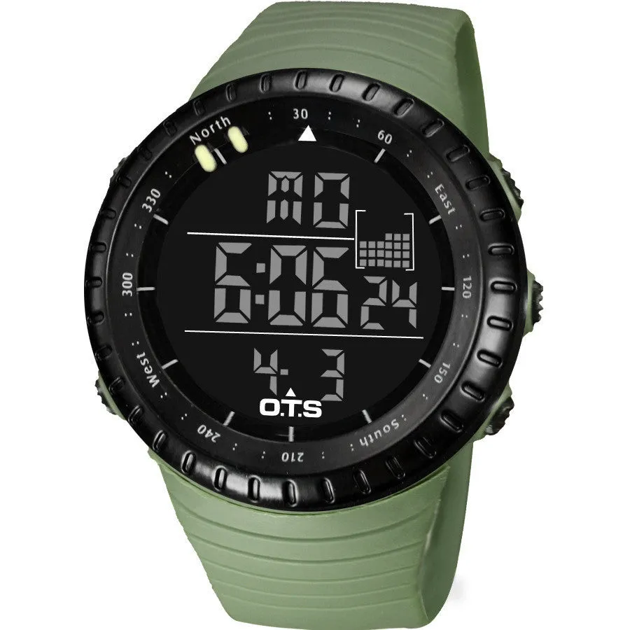 Round sports electronic watch with 50mm dial, rubber strap, and digital display, available in multiple colours
