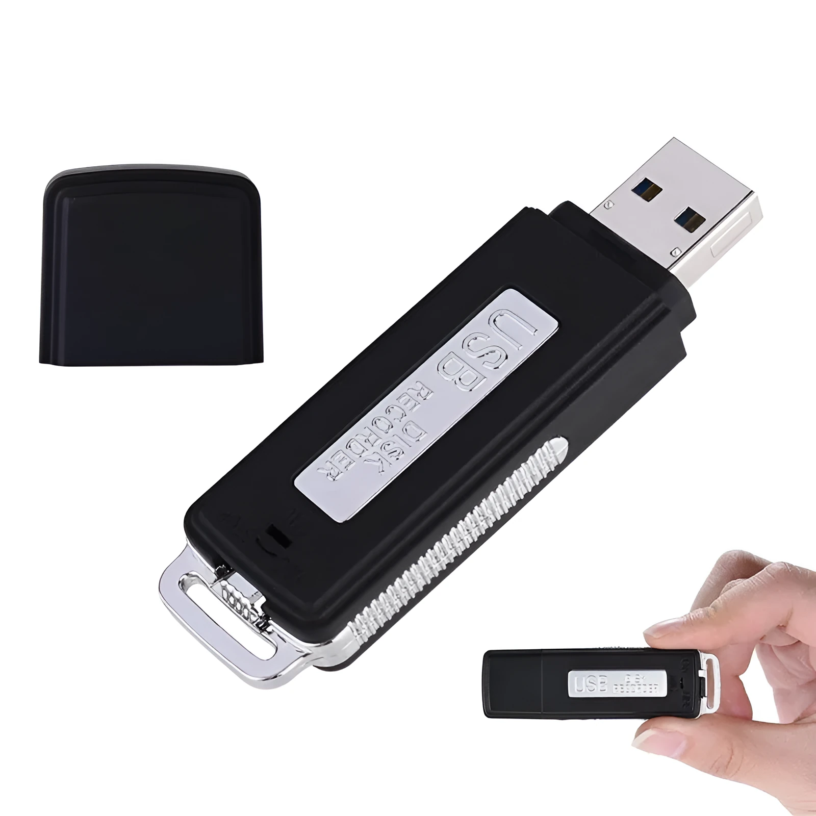 Black 8GB portable USB voice recorder with unidirectional microphone and rechargeable lithium battery