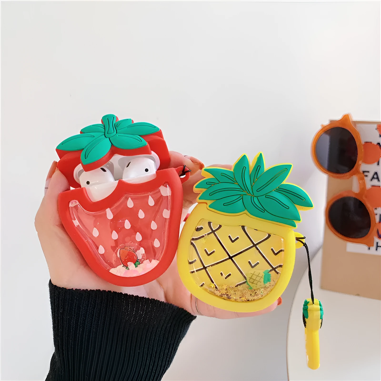 Cartoon silicone protective case for AirPods 1/2 in avocado, pineapple, and strawberry designs