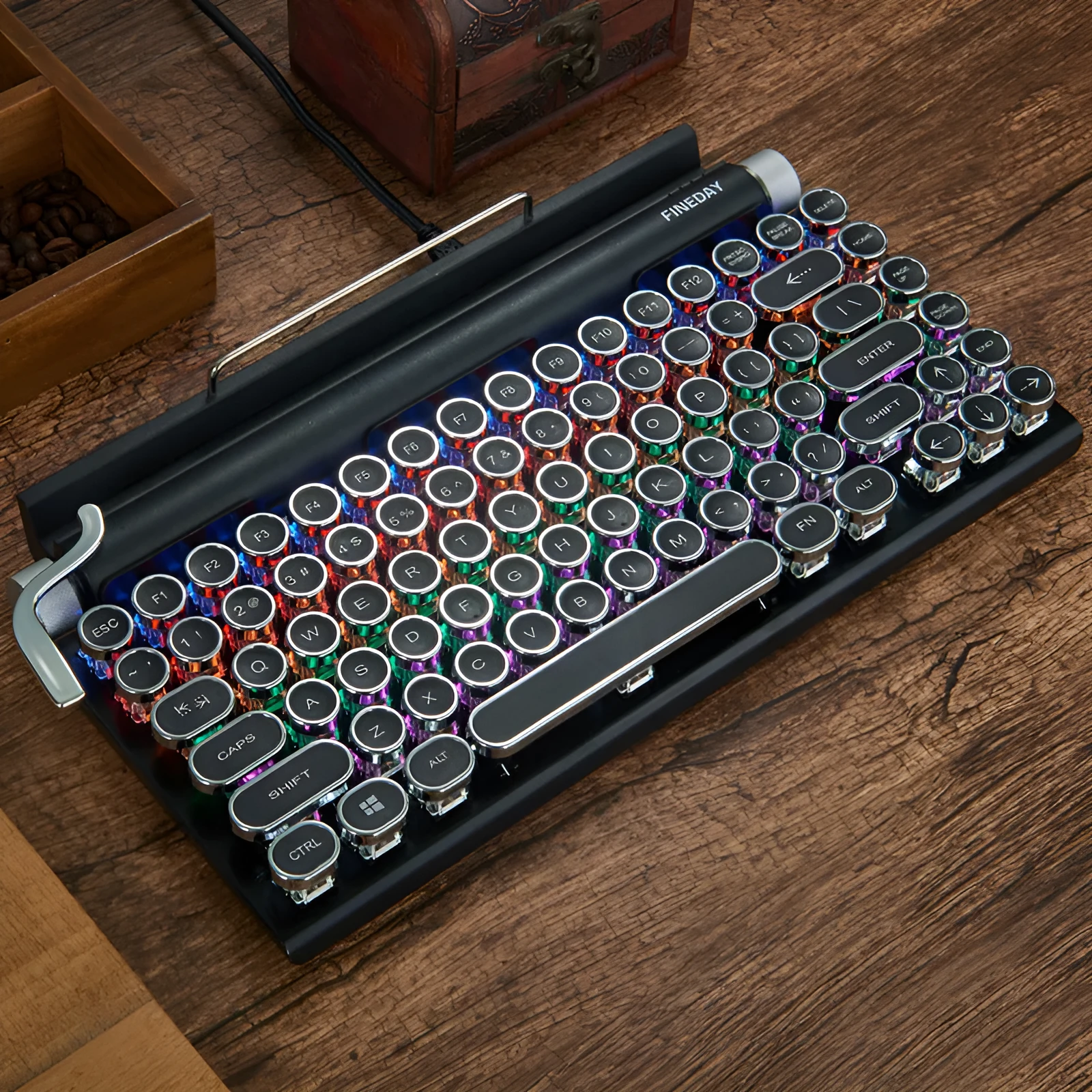 Black retro typewriter mechanical keyboard with RGB backlight and Bluetooth connectivity