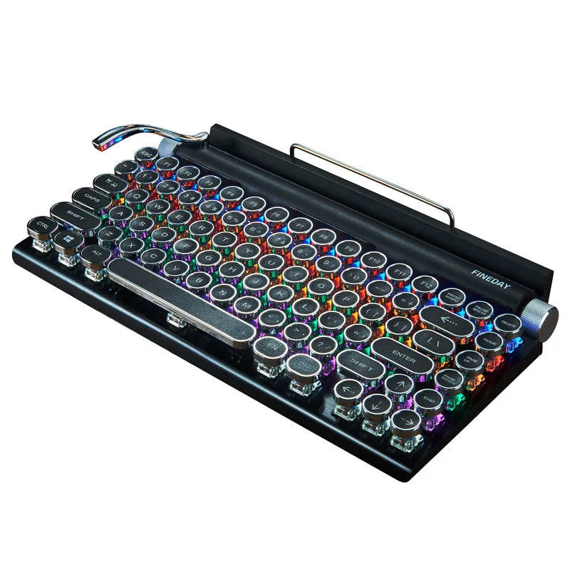 Black retro typewriter mechanical keyboard with RGB backlight and Bluetooth connectivity