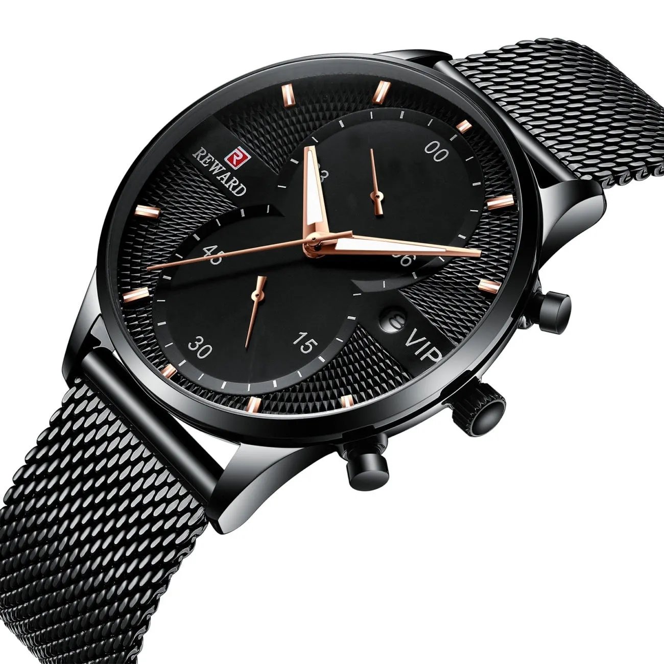 Men's waterproof quartz business watch with 45mm round dial, stainless steel strap, and calendar display on a white background