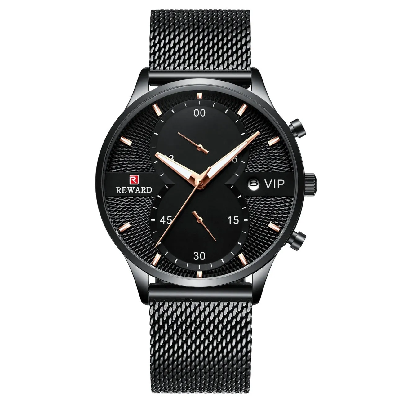 Men's waterproof quartz business watch with 45mm round dial, stainless steel strap, and calendar display on a white background