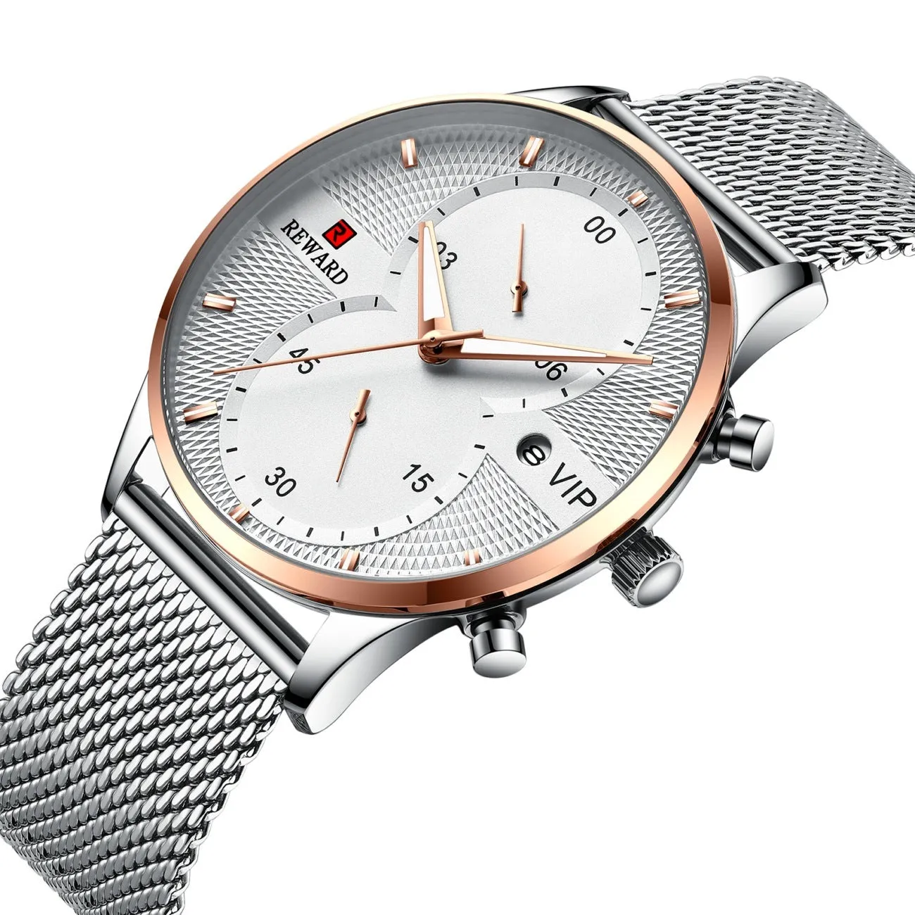 Men's waterproof quartz business watch with 45mm round dial, stainless steel strap, and calendar display on a white background