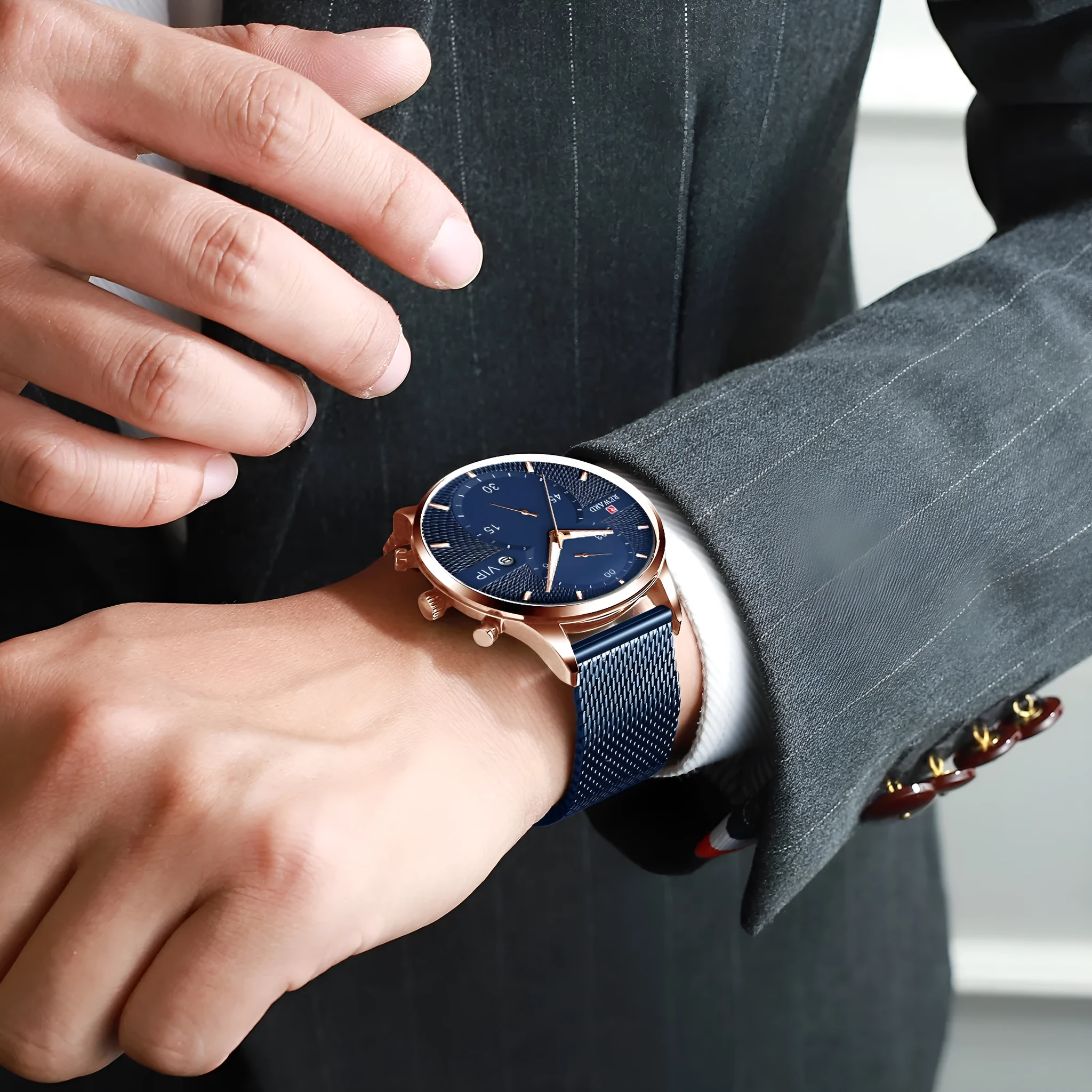 Men's waterproof quartz business watch with 45mm round dial, stainless steel strap, and calendar display on a white background