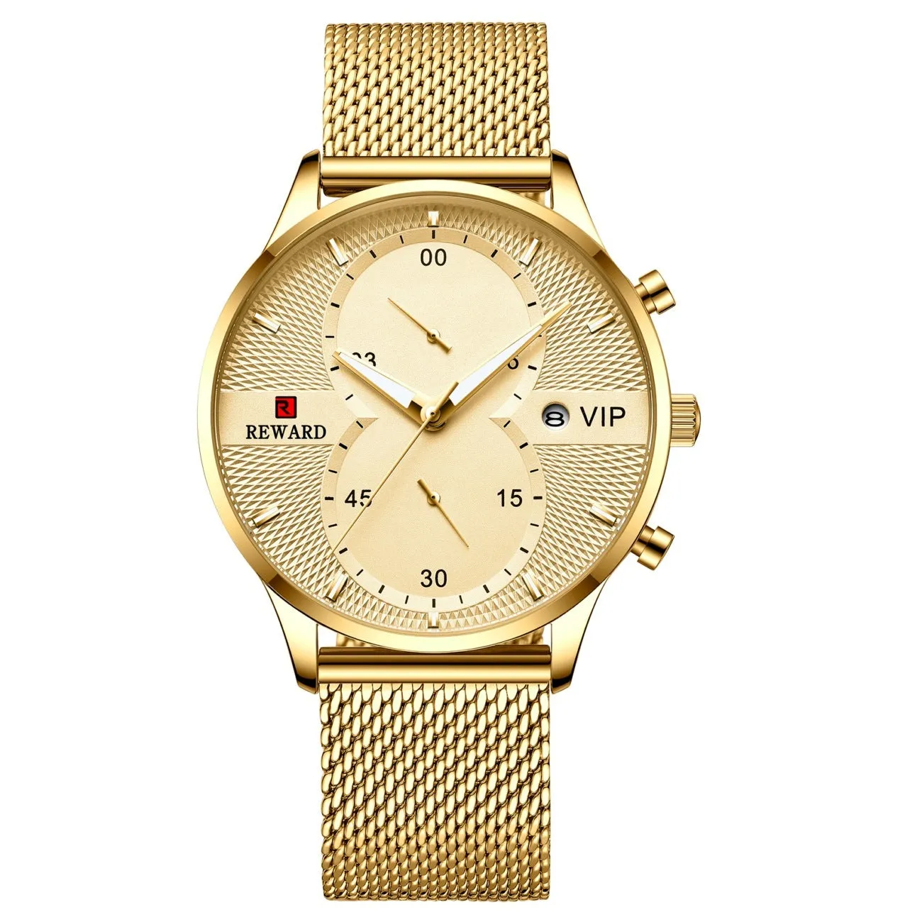 Men's waterproof quartz business watch with 45mm round dial, stainless steel strap, and calendar display on a white background