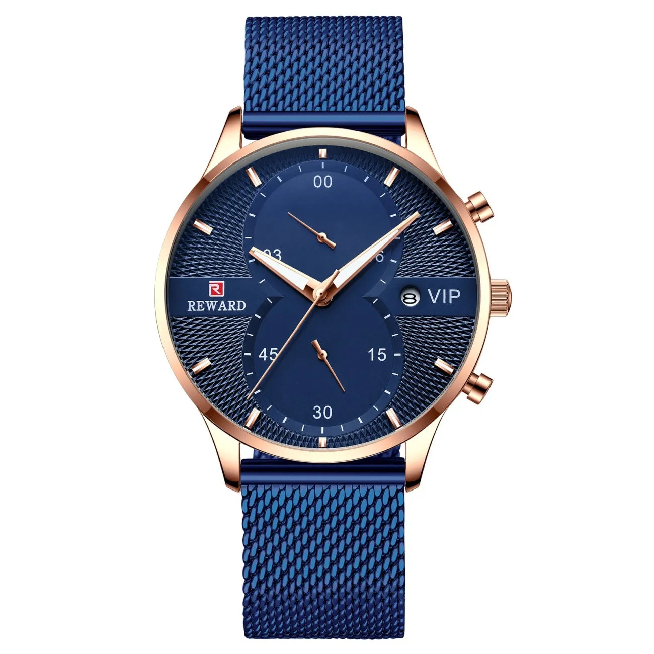 Men's waterproof quartz business watch with 45mm round dial, stainless steel strap, and calendar display on a white background