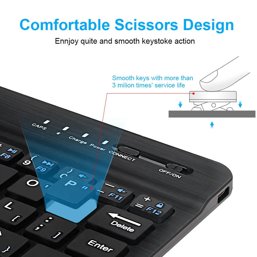Mini Bluetooth wireless keyboard in black or white colour with 10-metre range and 44-hour battery life
