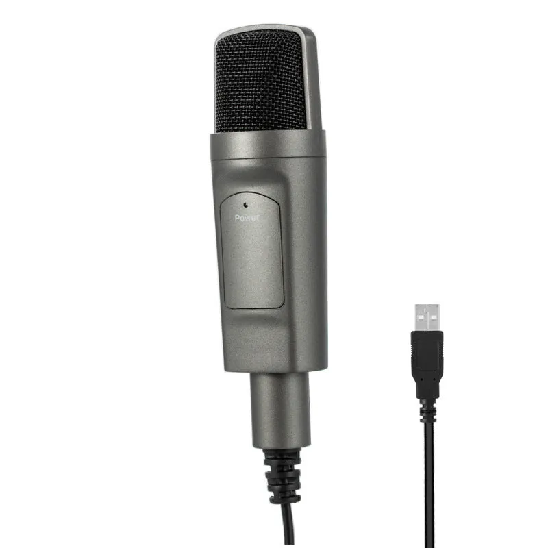 Black USB condenser microphone on desktop with omnidirectional pickup and noise reduction for live recording